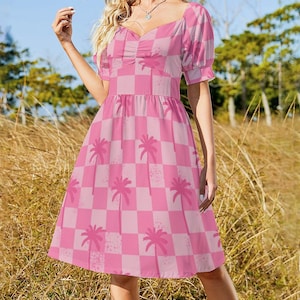 Robe rose palmiers à carreaux, robe d&#39;été rétro, jolie tenue de pique-nique cottagecore