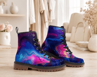 Combat Boots Galaxy Abstract Neon Swirl Lace Up Festival Grunge Shoes
