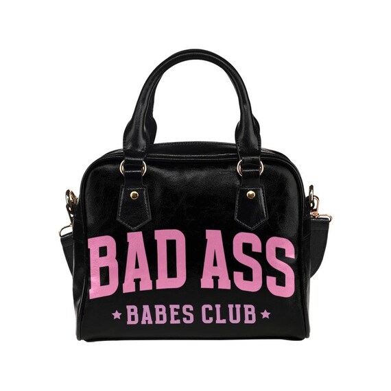 Black Slogan Shoulder Bag, Pink Text Bowler Handbag With Strap