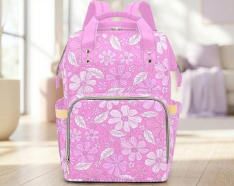 Pink Daisy Diaper Backpack, Retro Floral Baby Travel Organizer, Stroller Ready Nursery Pack