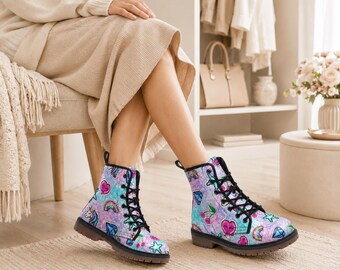 Kawaii gevechtslaarzen, pastelkleurige regenboog hart eenhoorn veterschoenen