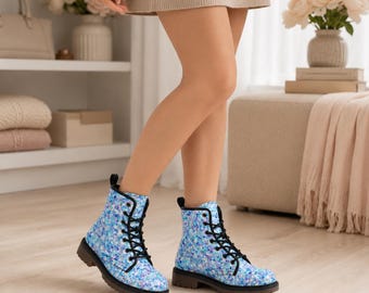 Pastel Glitter Boots, Blue Speckled Combat Shoes, Fairy Grunge Lace Up Ankle Boots