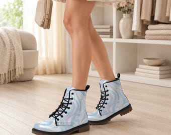 Holographic Silver Combat Boots, Futuristic Y2K Cyber Rave Festival Shoes
