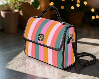 Gestreifte Retro-Umhängetasche, Regenbogenstreifen-Handtasche aus den 70ern, Canvas-Crossbody-Tasche