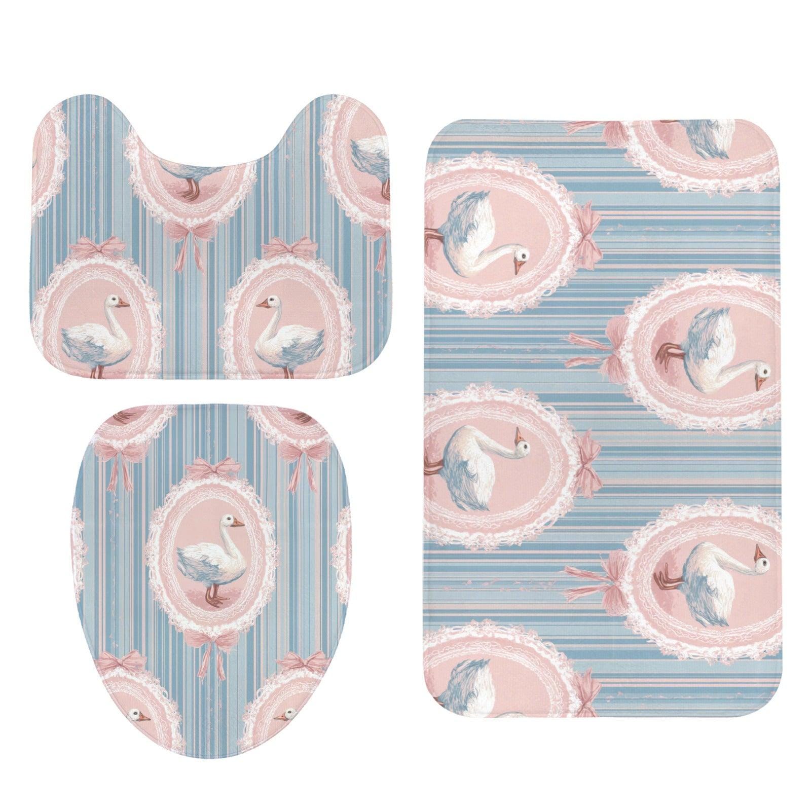 Pink Swan Bathroom Rug Set, Pastel Blue Stripe Bath Mat, 3 Piece Toilet ...