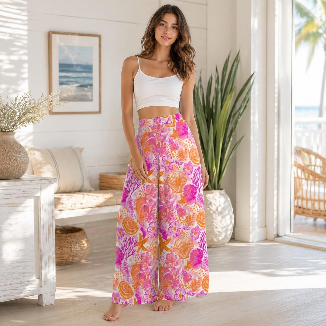 Shell Print Wide Leg Pants, Tropical Coral Starfish Resort Wear - Etsy