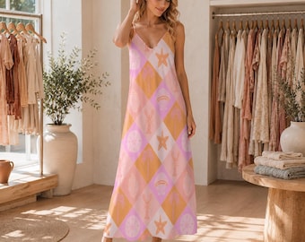 Pastel Beachcore Maxi Dress, Coastal Harlequin Seashell Print, Y2K Soft Girl Sundress