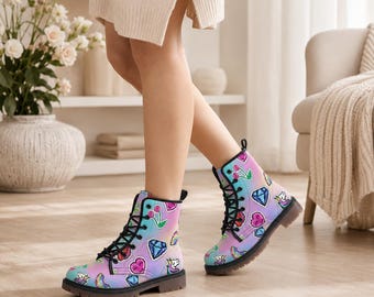 Kawaii gevechtslaarzen, pastel regenboog doodle print, eenhoorn edelsteenfestivalschoenen