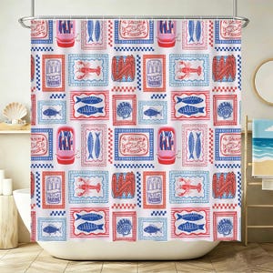 May include: A white shower curtain with a repeating pattern of red, blue, and white nautical illustrations. The design includes images of fish, sardines, lobsters, and seashells, creating a coastal theme.