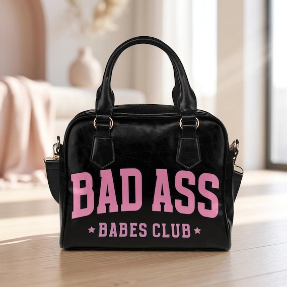 Black Slogan Shoulder Bag, Pink Text Bowler Handbag With Strap