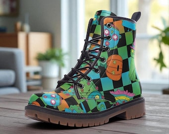 Halloween Checkerboard Boots Spooky Cute Pumpkin Ghost Goth Ankle Shoes