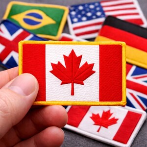 May include: A rectangular patch depicting the Canadian flag, with a red maple leaf on a white field, framed by red and a yellow border. Other flag patches are visible in the background.