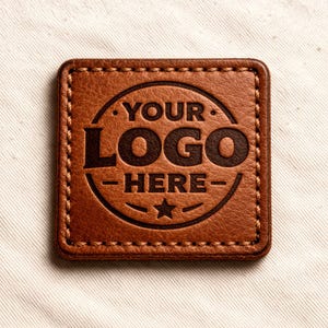 Peut inclure: Écusson carré en cuir marron avec des bords cousus. Le patch présente les mots "YOUR LOGO HERE" dans un design circulaire, avec une étoile en bas. Le cuir a un aspect texturé.