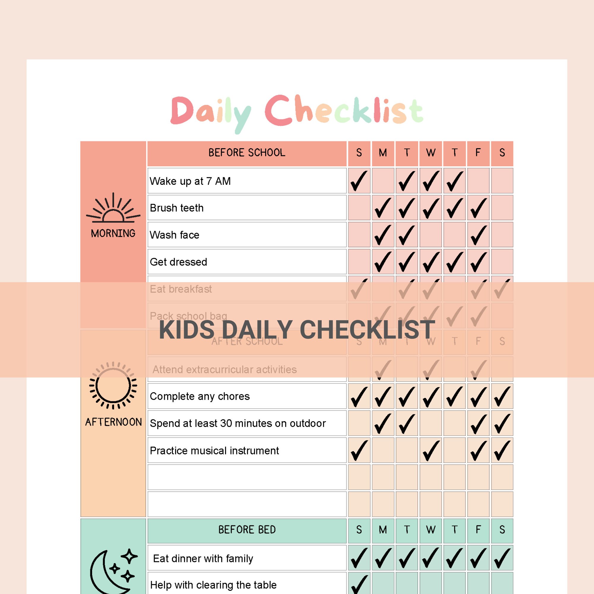 EDITABLE Kids Daily Routine Chart Printable Checklist Colorful Daily 