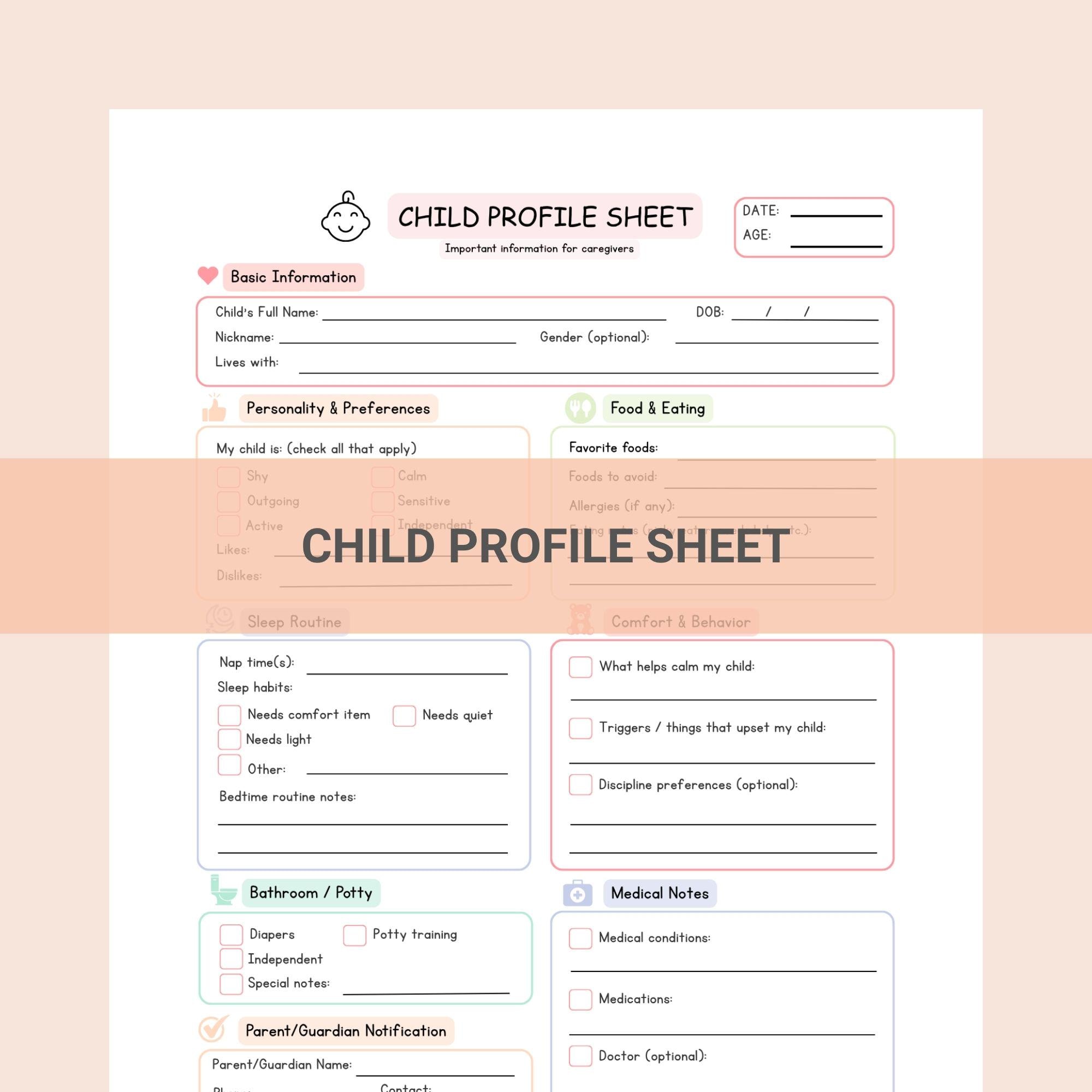 Editable Child Profile Sheet, Fillable Caregiver Information Form (PDF ...