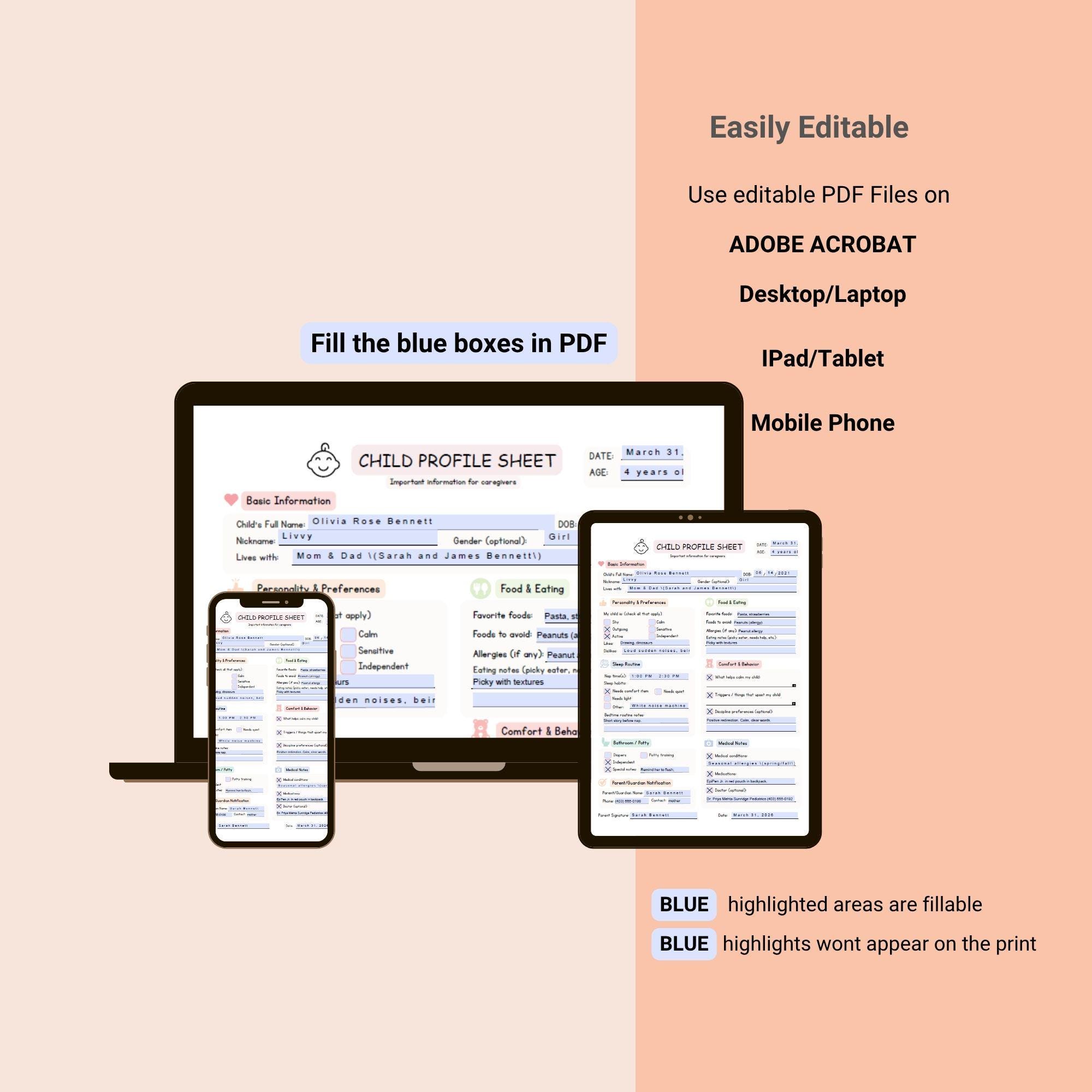 Editable Child Profile Sheet, Fillable Caregiver Information Form (PDF ...