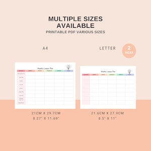 May include: Printable weekly lesson plan template in two sizes: 8.27 inches by 11.69 inches and 8.5 inches by 11 inches. The template has a light pink, blue, and yellow gradient background with a lightbulb icon in the top right corner. The template is divided into sections for activity, Monday, Tuesday, Wednesday, Thursday, and Friday.