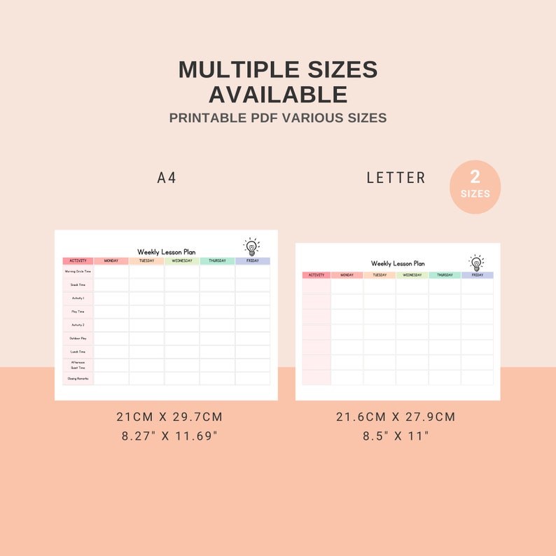 May include: Printable weekly lesson plan template in two sizes: 8.27 inches by 11.69 inches and 8.5 inches by 11 inches. The template has a light pink, blue, and yellow gradient background with a lightbulb icon in the top right corner. The template is divided into sections for activity, Monday, Tuesday, Wednesday, Thursday, and Friday.