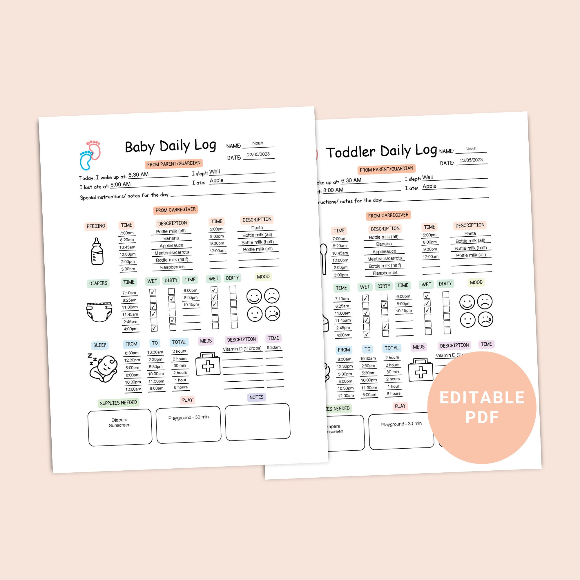 EDITABLE Baby Daily Log, Infant Daily Log, Toddler Daily Report, Baby