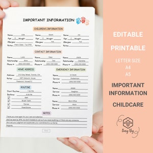 Informazioni sul bambino MODIFICABILI, Registro del bambino, Contatti di emergenza, Strumento per genitori, Informazioni sul bambino, Informazioni sull'asilo nido, Informazioni di contatto sull'asilo nido, Asilo nido, Bambino