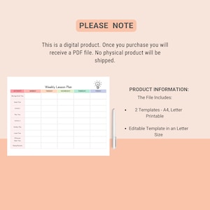 May include: A printable weekly lesson plan template with a light bulb icon. The template is divided into days of the week, with columns for Monday, Tuesday, Wednesday, Thursday, and Friday. The template includes space for activities, morning circle time, snack time, play time, outdoor play, lunch time, afternoon time, quiet time, and closing remarks.