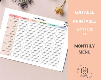 Editable Monthly Daycare Menu Planner (Printable PDF)