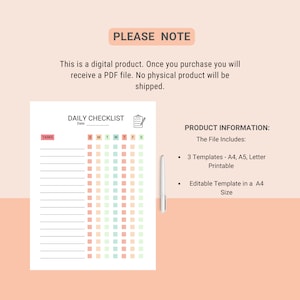 May include: A printable daily checklist template with a colorful grid and a section for tasks. The template includes three sizes: A4, A5, and Letter.