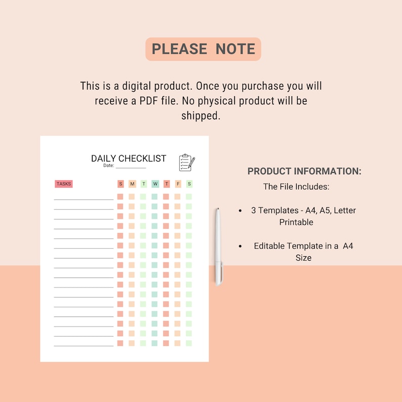 May include: A printable daily checklist template with a colorful grid and a section for tasks. The template includes three sizes: A4, A5, and Letter.