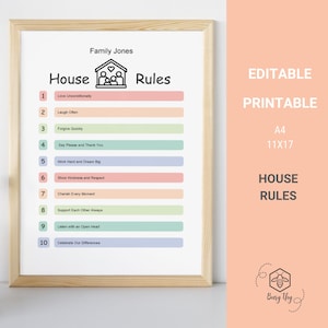 May include: Printable house rules poster with a light pink background and a black and white house icon. The poster lists 10 rules for a family, including "Love Unconditionally", "Laugh Often", and "Cherish Every Moment".