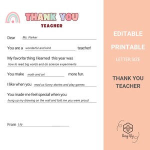 Merci à l'enseignant à imprimer – Carte à remplir pour les enfants | Lettre de fin d'année | de Carte-cadeau | de remerciements | PDF instantané