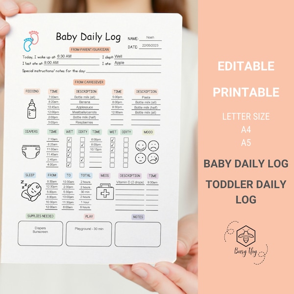 EDITABLE Baby Daily Log, Daily Toddler Log Printable, Toddler Daily Report, Infant Daily Log, Baby Schedule for Babysitter, Daycare Tracker