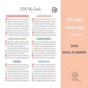 May include: A printable 2026 goal planner with sections for personal growth, health, family, career, and lifestyle. The planner includes editable text and is designed in a letter size format. The design features a bee logo.