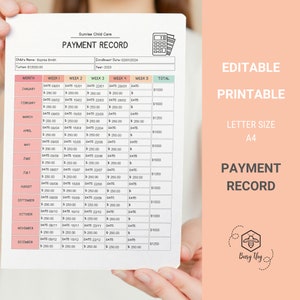 Puede incluir: Un formulario de registro de pago imprimible para una guardería. El formulario incluye un calendario con fechas y espacios para pagos semanales. El formulario está etiquetado como "Editable Printable Letter Size A4 Payment Record".