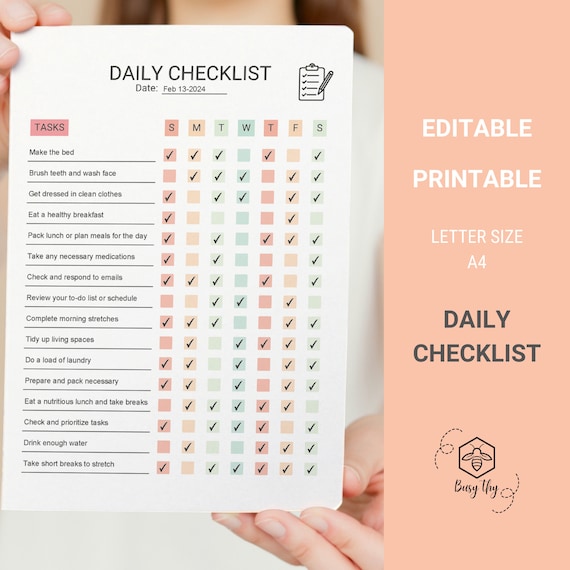Editable Daily Checklist: Weekly Task Planner (Letter & A4 PDF)