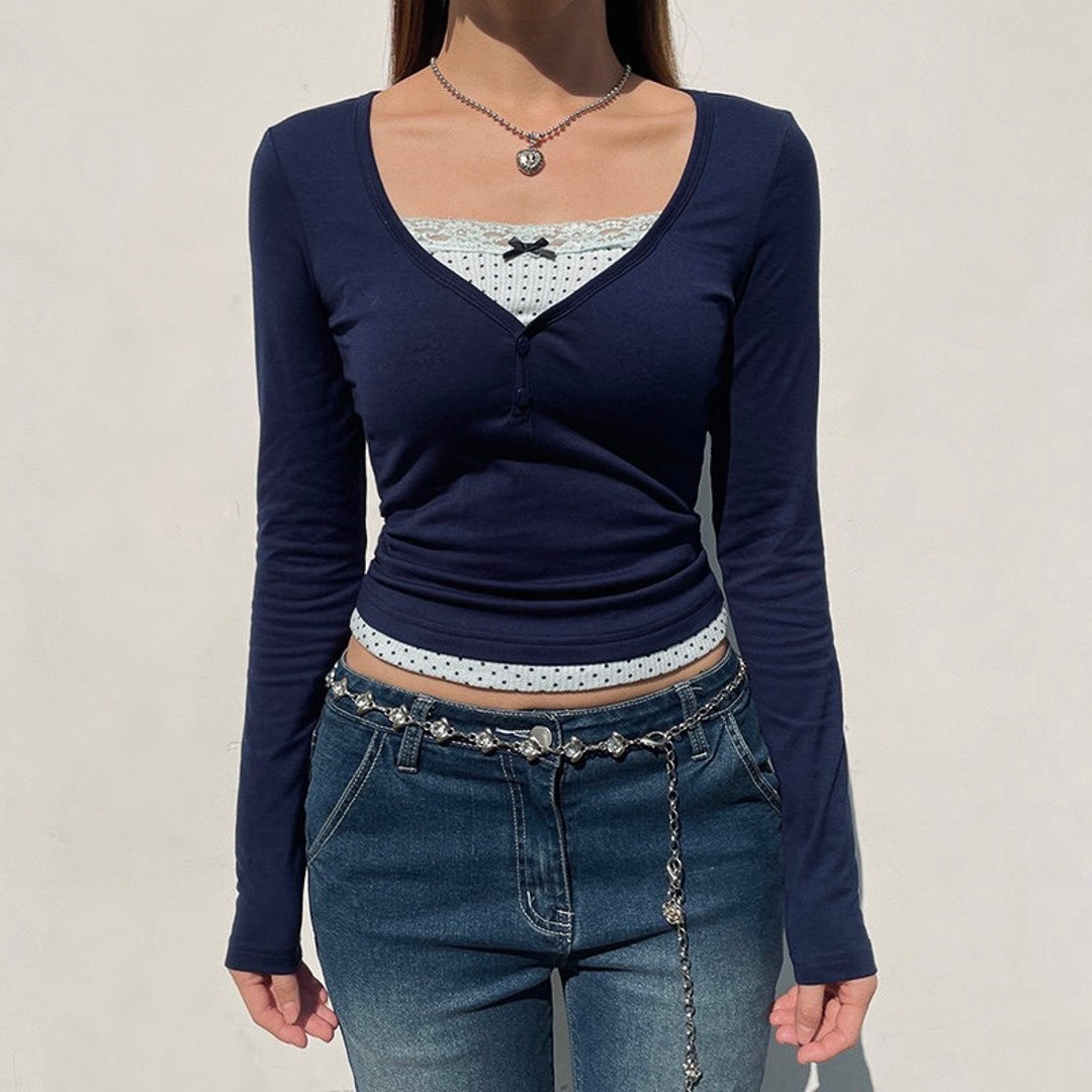 Y2K Women's Clothing Retro V Neck Long Sleeve Grunge Crop Top Trendy ...