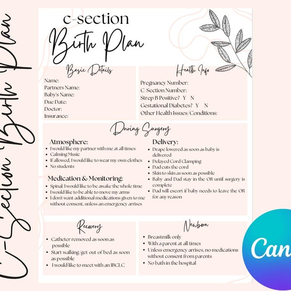 C-Section Birth Plan Template | C-Section Birth  | Cesarean Birth Plan | Instant Download