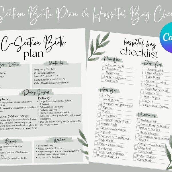 C-Section Birth Plan Template | Editable Hospital Bag Checklist | C-Section Birth | Hospital Bag Checklist Template | Instant Download