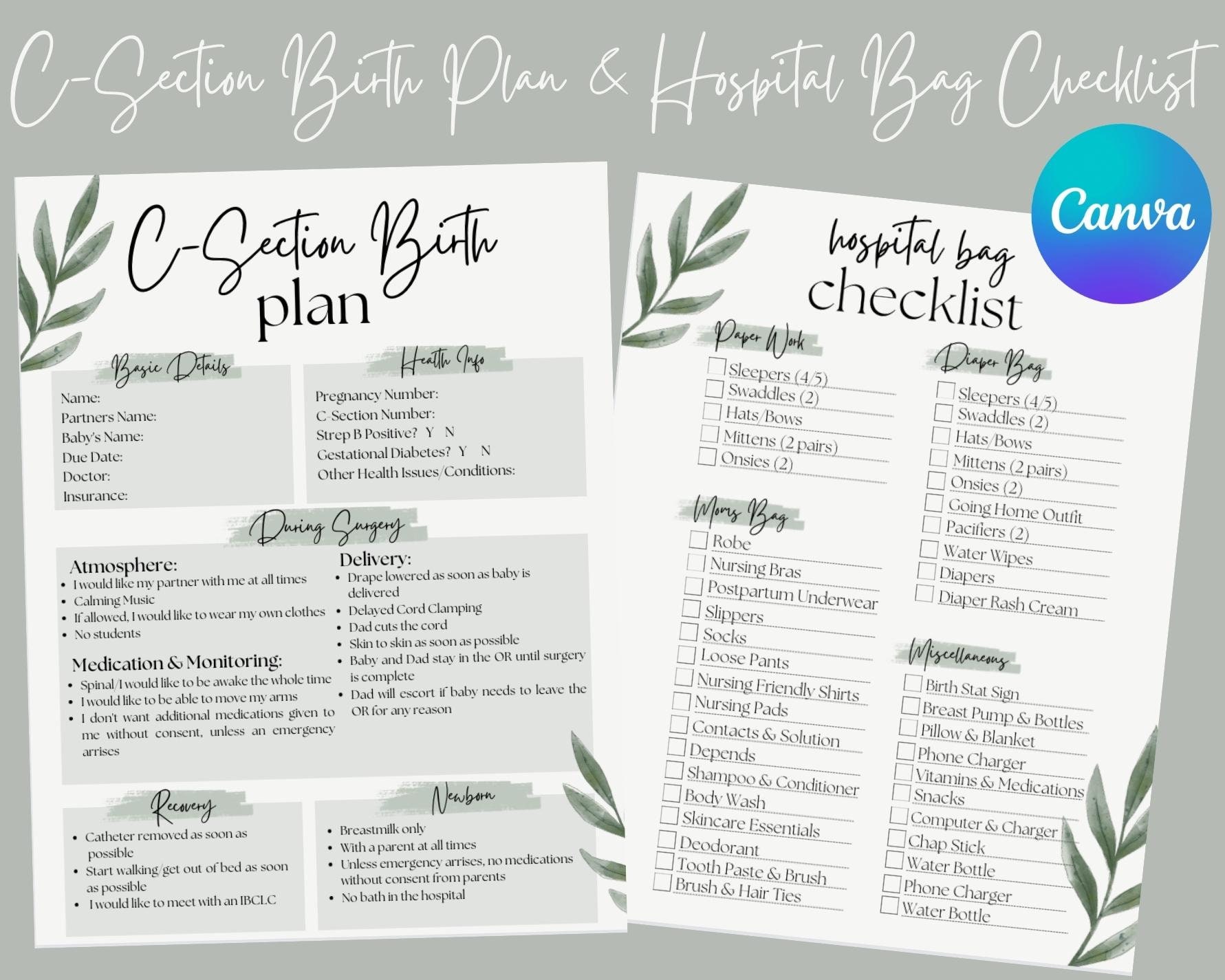 C-section Birth Plan Template Editable Hospital Bag Checklist C-section ...