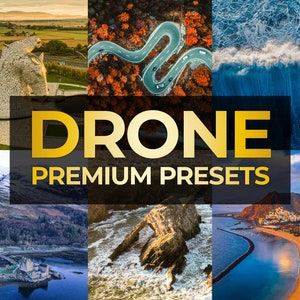 Può includere: Un collage di fotografie aeree scattate con un drone che mostra vari paesaggi, tra cui una strada tortuosa attraverso foglie autunnali, una costa rocciosa, una montagna innevata e una spiaggia con una città in lontananza. Il testo "DRONE PREMIUM PRESETS" è visualizzato in lettere dorate.