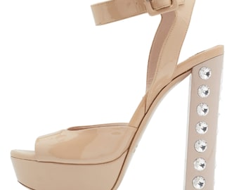 Miu Miu Beige Patent Leather Crystal Embellished Heel Platform Ankle Strap Sandals