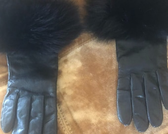 Black Leather Gloves with Real Fox Fur Trimming