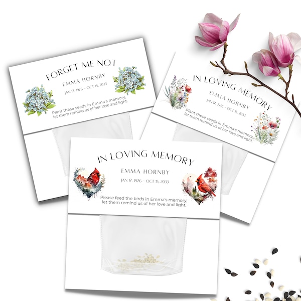Funeral Seed Favor Card Set |3 Fully Editable Instant Download Canva Templates |Memorial Memento|In Loving Memory|Cardinals Wildflowers Seed