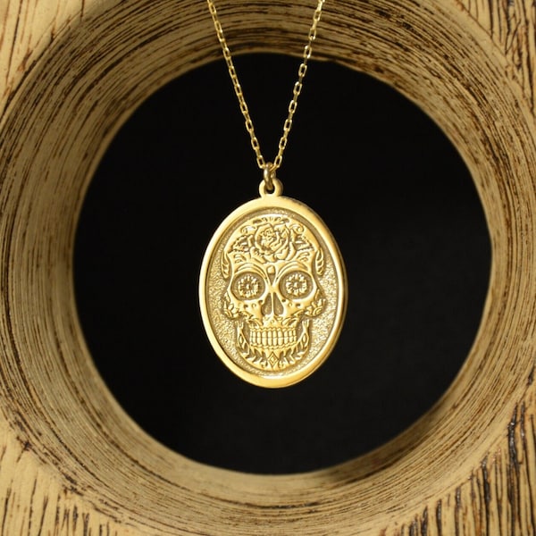 Sugar Skull Necklace - Mother's Day Gift - Day of Death Necklace - clenk Logo Necklace - Skull Medallion - Tattoo Necklace - Gift for Him