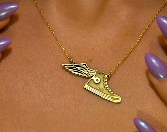 Collar de zapatos All-Stars - Joyas de verano - Joyas de los 70 - Colgante de zapatos clásicos - Collar de zapatillas de baloncesto - Collar de alas