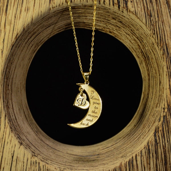 Silber Mond & Herz Halskette - Muttertagsgeschenk - Mond personalisierte Halskette - Herz Initial Halskette - personalisierte Halskette