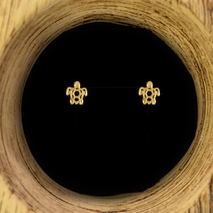 May include: A pair of gold-colored turtle stud earrings. The earrings are small, with a cutout design, and are displayed against a black background. The earrings are a jewelry item.