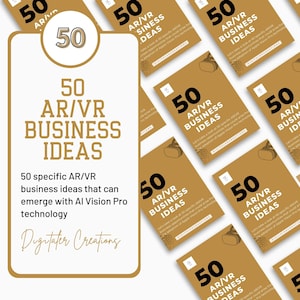 Puede incluir: Un diseño gráfico con fondo dorado y texto blanco que dice "50 ideas de negocios AR/VR". El gráfico está rodeado de versiones más pequeñas de sí mismo, cada una con un esquema de color diferente. El texto "50 ideas de negocios AR/VR específicas que pueden surgir con la tecnología AI Vision Pro" también está incluido en el gráfico.