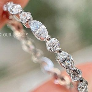 Alternating Moissanite Band, 0.60 TCW Marquise and Round Cut Colorless Moissanite Wedding Band, Full Eternity Band, Stackable Band, Bridal