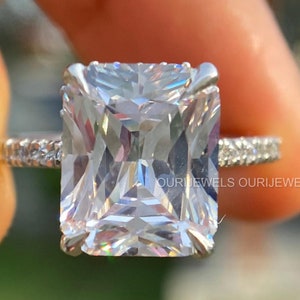 5.0 CT Radiant Cut Moissanite Ring, Radiant Engagement Ring, Bridal Pave & Hidden Halo Wedding Ring, Classic Prongs Ring, Bridal Ring