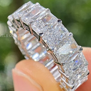 Alianza de boda de eternidad completa con moissanita radiante de 5,00 x 3,00 mm, anillo de oro macizo con moissanita para uso diario / Anillo radiante para compromiso